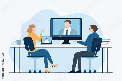 Group business team video conference meeting online concept. flat vector illustration cartoon character design concept 
