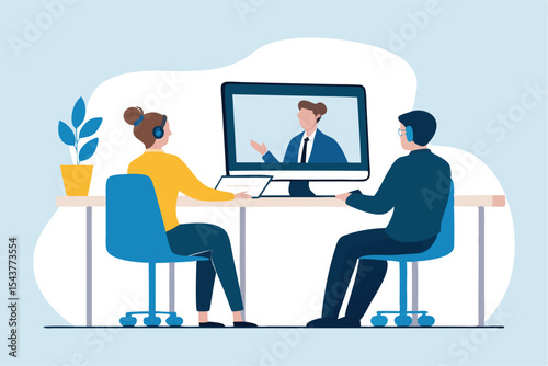 Group business team video conference meeting online concept. flat vector illustration cartoon character design concept 
