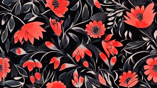 Vibrant Floral Seamless Pattern Featuring Bright Blooms and Leaves, Abstract Nature Design, Rich Textures on Dark Background