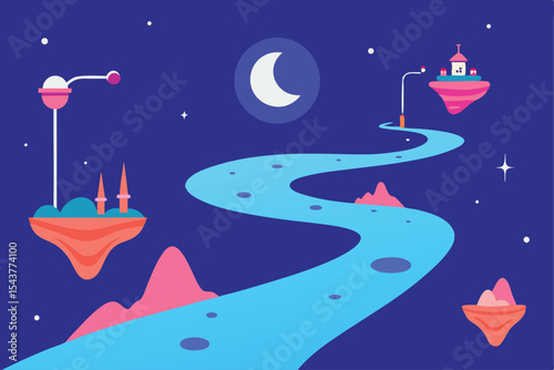 Winding path through a surreal landscape with floating islands, lit by a crescent moon and futuristic streetlights.