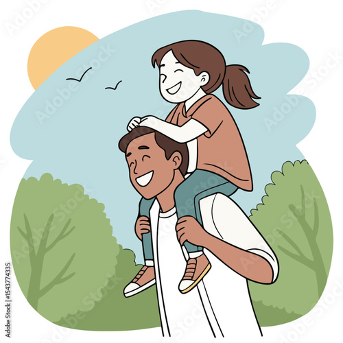 Happy Father Carrying Daughter on Shoulders – Joyful Family Moment with Smiling Child and Dad Outdoors