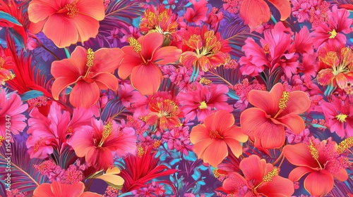Vibrant Floral Seamless Pattern Featuring Bright Hibiscus Flowers, Colorful Tropical Leaves, Lush Botanical Elements, Exotic Garden Background