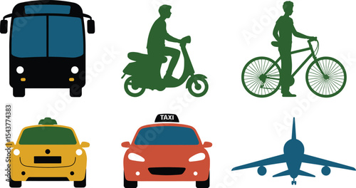 Various modes of transportation including bus taxi scooter bicycle and airplane