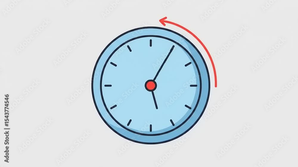 Simple blue clock illustration showing time adjustment with a red arrow indicating movement Simple blue clock illustration showing time adjustment with a red arrow indicating movement