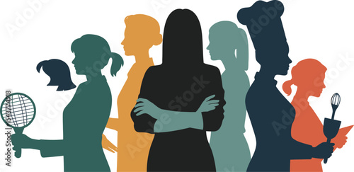 Silhouette women representing different professions standing in a row design