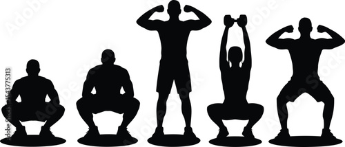 Silhouette of people doing squats and flexing muscles in a fitness concept