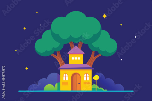 A vibrant, stylized illustration of a small yellow house nestled beneath large green trees at night.