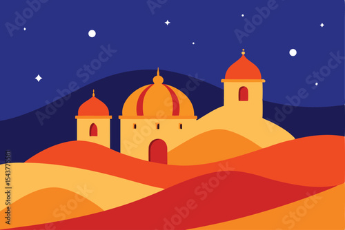 Colorful illustration of a village nestled in a desert landscape at night.