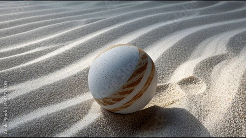 Decorative white ball rolling on rippled white sand