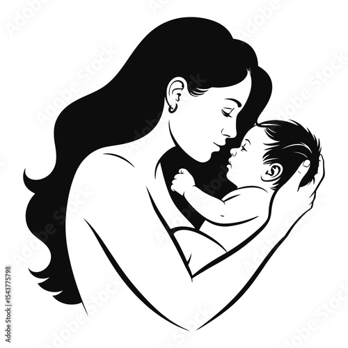 Black and White Illustration Mother Holding Newborn Baby Tenderly Close Affectionate Embrace