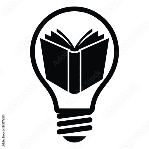 Black and White Illustration of Open Book Inside Lightbulb Silhouette Representing Knowledge