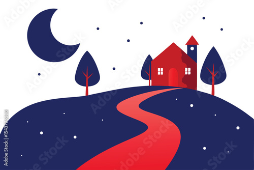 A red house sits atop a hill at night, a winding red path leading to its entrance, under a crescent moon and starry sky.