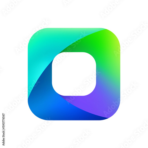 abstract minimalistic logo: a clean, rounded square  icon using a smooth gradient of emerald green tech blue and creative purple isolated on transparent white background, png. 