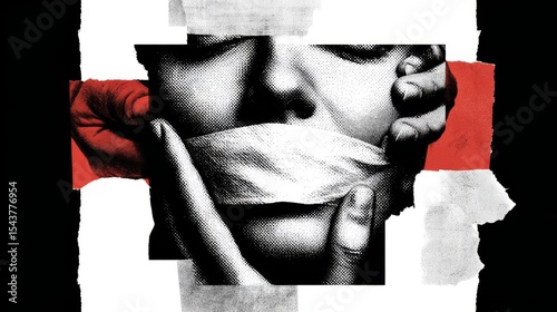 Abstract halftone illustration portraying censorship of person with hand and covered mouth.