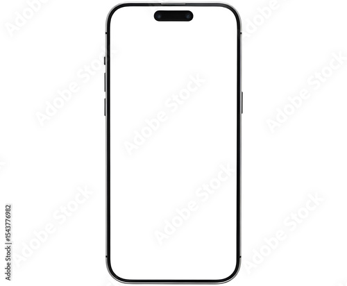 A modern smartphone with a blank white screen, sleek silver frame, rounded corners, and a black notch at the top, isolated on a black background  photo