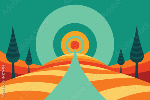 Abstract illustration of a stylized landscape with a central path leading towards a radiant sun.