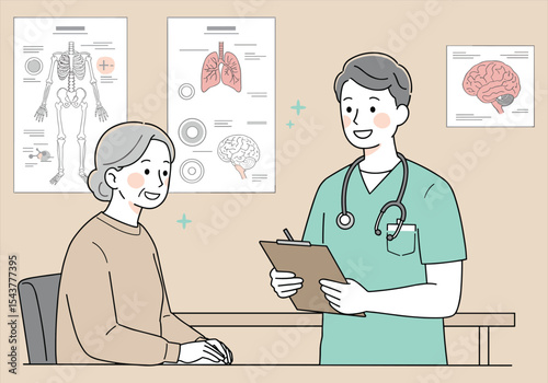 Senior Patient Consults with Doctor in Medical Office, Discussing Health While Looking at Anatomical Charts on the Wall – Illustration of Healthcare and Medical Examination.