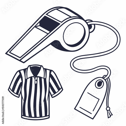Sports referee whistle, striped shirt, and price tag illustration  