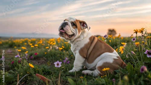 Fototapeta Naklejka Na Ścianę i Meble -  Adorable bulldog puppy sitting in a wildflower meadow at sunset
