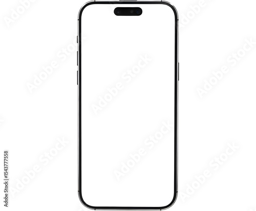 A modern smartphone with a blank white screen, sleek silver frame, rounded corners, and a black notch at the top, isolated on a black background  photo