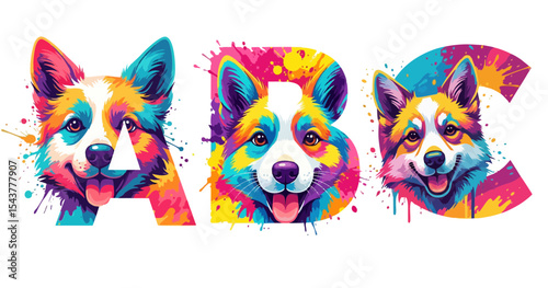 Colorful letter A, B, C featuring a happy corgi dog's face with vibrant splashes of color