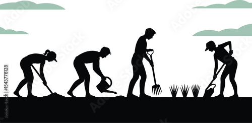 Silhouetted figures gardening with tools under a cloudy sky illustration