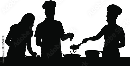 Silhouette of chefs cooking with pans and utensils in a kitchen setting