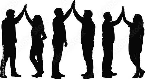 Silhouette of several people giving high fives against a white background