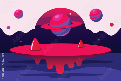 A vibrant, stylized illustration of a floating, red planetarium platform in a space-themed scene.