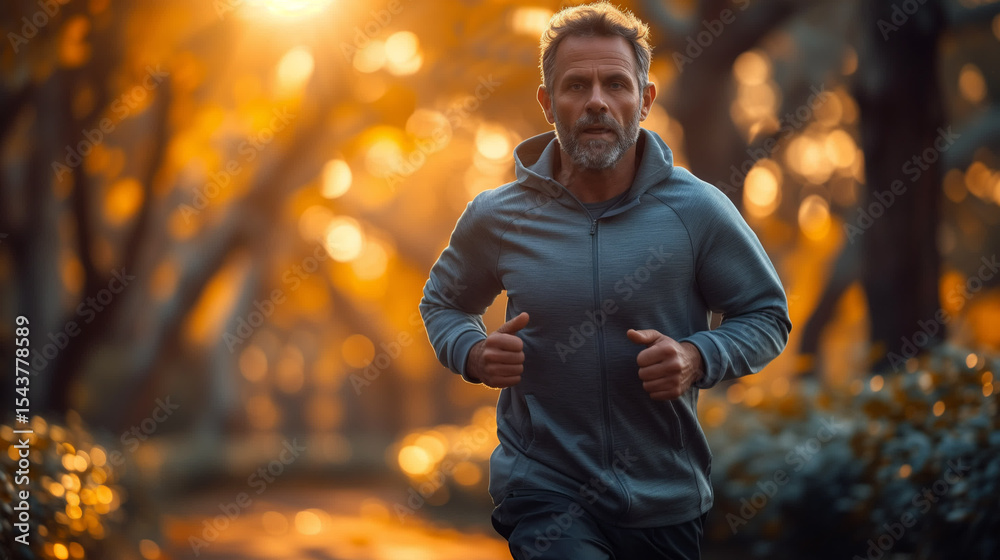 Obraz premium Middle-aged man jogs through sunlit city park.