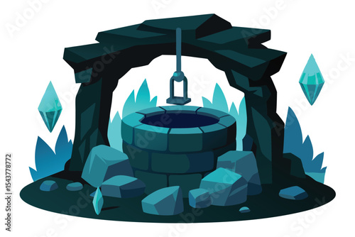 A stylized illustration of a dark, ancient well with a hanging bucket, surrounded by rocks and crystals.