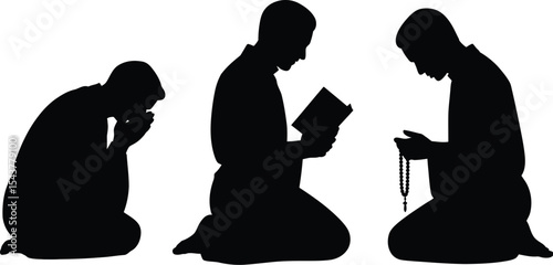 Silhouettes of three people praying or meditating in different positions