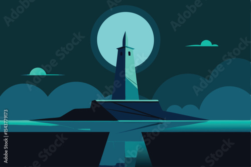 A stylized illustration of a lighthouse at night, positioned on a small island with a cleft in the water, under a full moon.