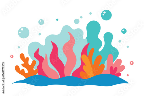 Vibrant stylized coral reef scene with swirling seaweed and bubbles.