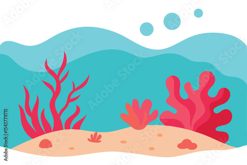 Vibrant coral reef scene underwater with stylized red coral and sandy ocean floor.