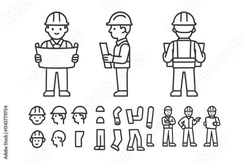 Construction workers engaged in various activities while planning a project at a building site during the afternoon hours