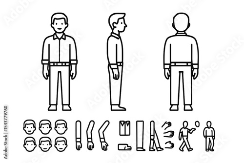 Stylized character design showing front, side, and back views along with various poses and expressions for illustration