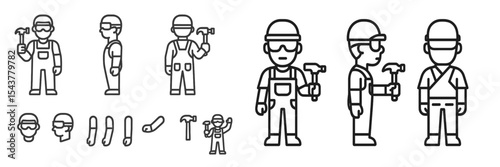 Construction workers engaging in various activities with tools in a simplified, cartoonish style in a creative design setting