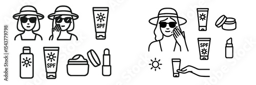 Illustrations of sun protection products and people applying sunscreen on a sunny day