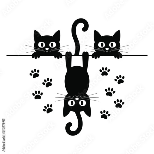Two Black Cats Hanging Upside Down from a Line with Paw Prints Playful Cartoon Illustration