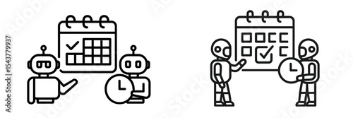 Robots discussing scheduling and time management concepts in a modern workspace setting