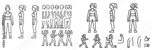 Stylized illustrations of women in various athletic poses, showcasing fitness and movement for artistic or educational purposes