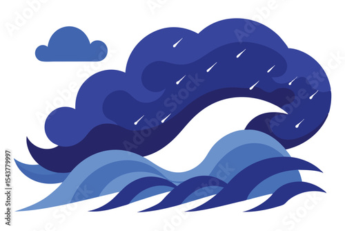 Stylized illustration of a stormy sea with a dark cloud and rain falling on waves.