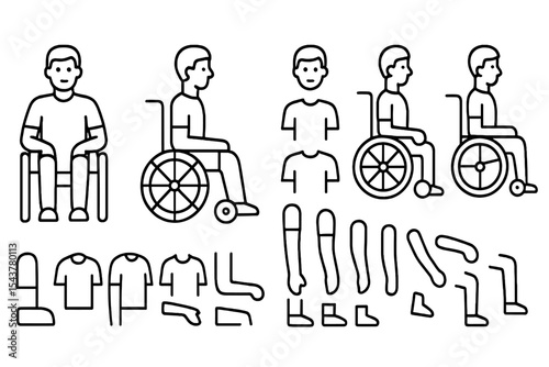 Illustrations of individuals with disabilities in various positions and postures, showcasing included body parts and clothing styles