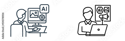 Illustration of people using technology for digital design and marketing tasks in a modern workspace environment