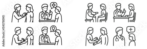 Healthcare professionals interact with patients in various medical consultation scenarios during a clinic visit