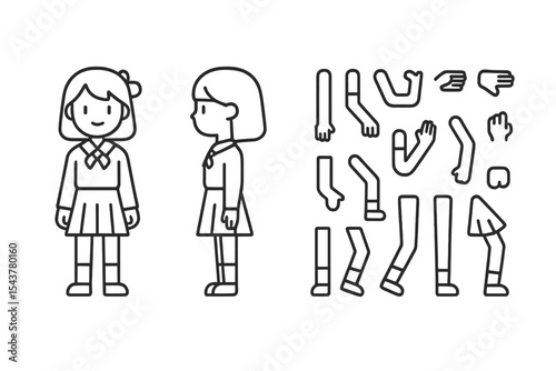 Character design showcasing two different views of a girl student with various arm and leg options for customization