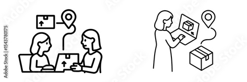 Two people discussing package delivery and tracking information in a minimalistic design