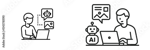 Illustration of a person interacting with an AI chatbot while working on a laptop at a desk in a home office environment