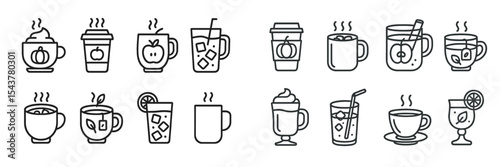 Various hot and cold beverages with decorative designs on cups and drinks featured in a modern, minimalist style